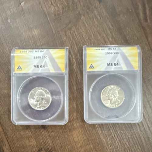 Washington Silver Quarters 1955 & 1958 25C MS64 ANACS Unc Business Strike