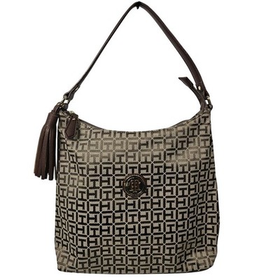 Tommy Hilfiger Hobo Bag Shoulder Purse Monogram Brown Tassel Logo Canvas Medium