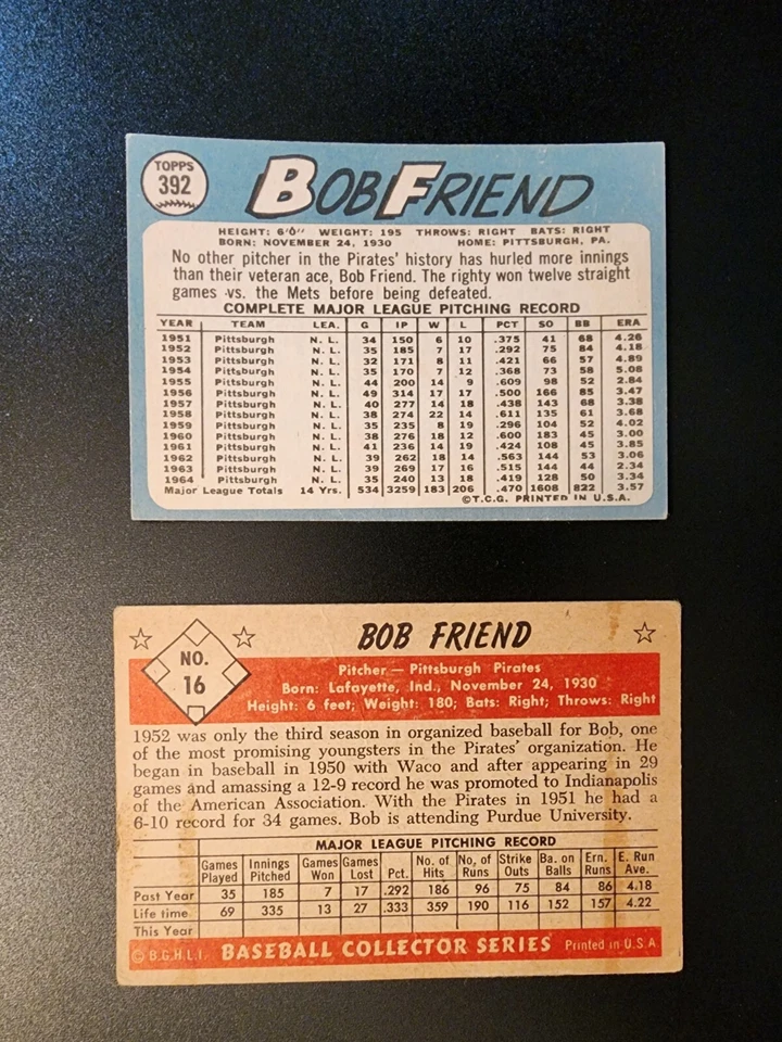 Bob Friend Pittsburgh Pirates 2 Card Lot 1953 Bowman And 1965 Topps - Image 2 of 2