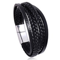 Armband Herren Leder Armband Edelstahl Magnetverschluss Schwarz Silber