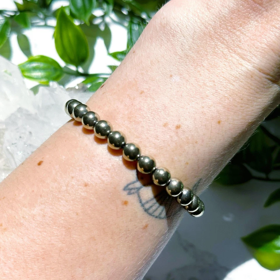 Pulsera de cuentas de piedra de pirita natural pulsera elástica de piedras preciosas curativas hecha a mano Foto 2 de 4