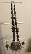 Beaded Pendant Necklace with Glass, Metal and Wooden Beads and Beaded Earrings.