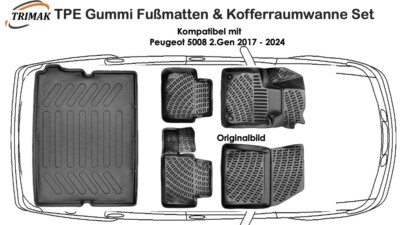 Fußmatten & Kofferraumwanne Auto Set Kompatibel mit Peugeot 5008 2.Gen 2017-2024