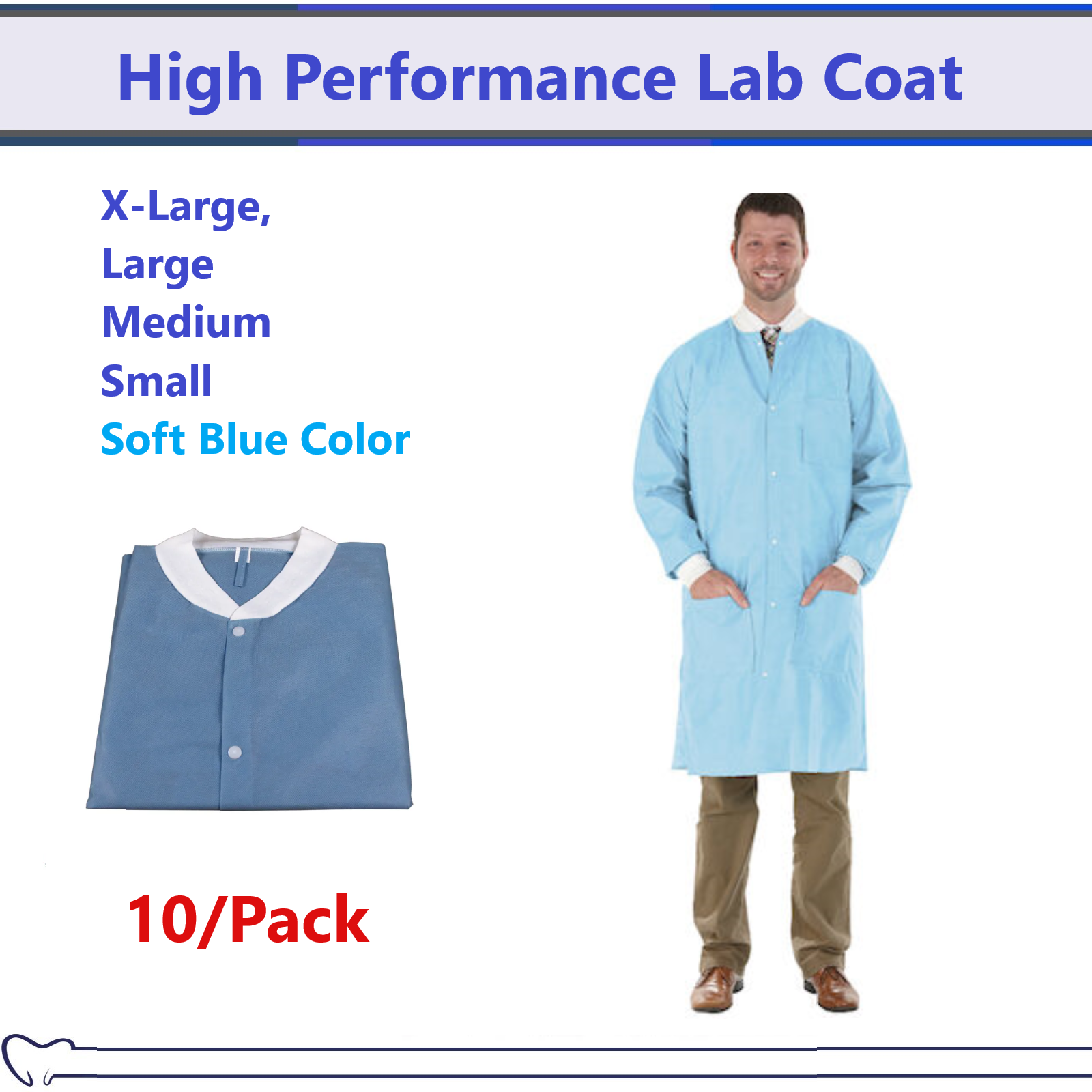 Disposable Blue Lab Coat Knitted Cuff & collar, 3 Pockets, Snap Closure