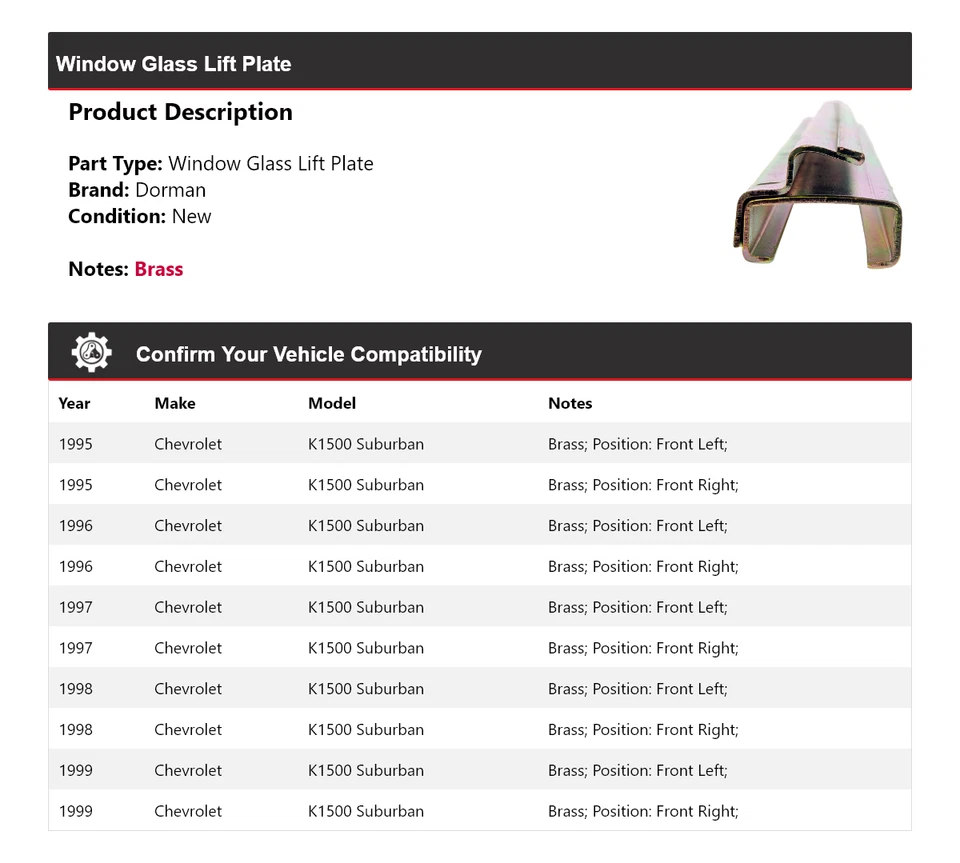 Placa elevadora de vidrio ventana para Chevrolet K1500 Suburban Dorman 1995-1999 1996 1997 Foto 2 de 4