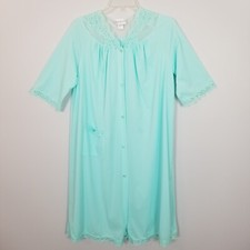 Vintage SHADOWLINE Women's Lace Trim Nylon Robe Aqua Blue Small
