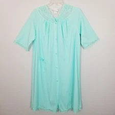 Vintage SHADOWLINE Women's Lace Trim Nylon Robe ~ Aqua Blue ~ Small