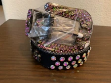 NWT UNISEX FASHION WESTERN BLACK IRIDESCENT RHINESTONE BELT WITH BLACK STRAP