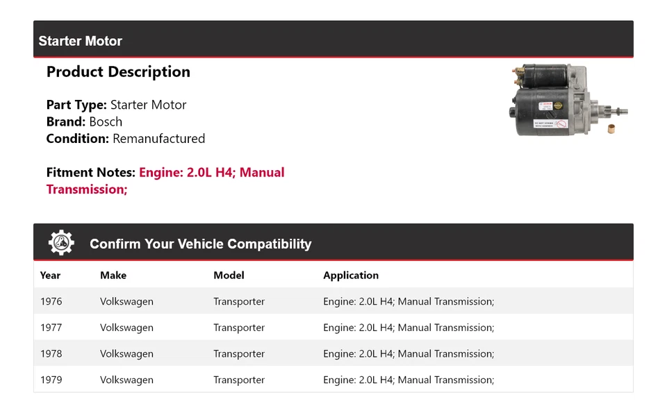Para 1976-1979 Volkswagen Transporter 2.0L H4 Bosch Starter (Remanufaturado) 1977 - Imagem 2 de 4