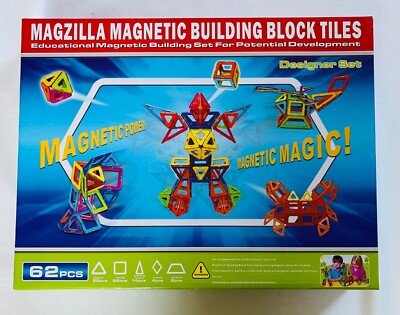 62 PCS Magnetic Building Blocks Tiles Kids Toys By Magzilla (5 Shapes) NEW