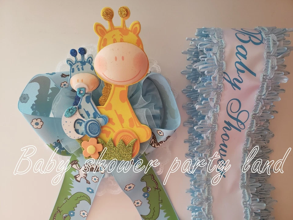 Faja Baby Shower Mom To Be It's a Boy Jirafa Safari Cinta Azul Ramillete Noé Foto 2 de 4