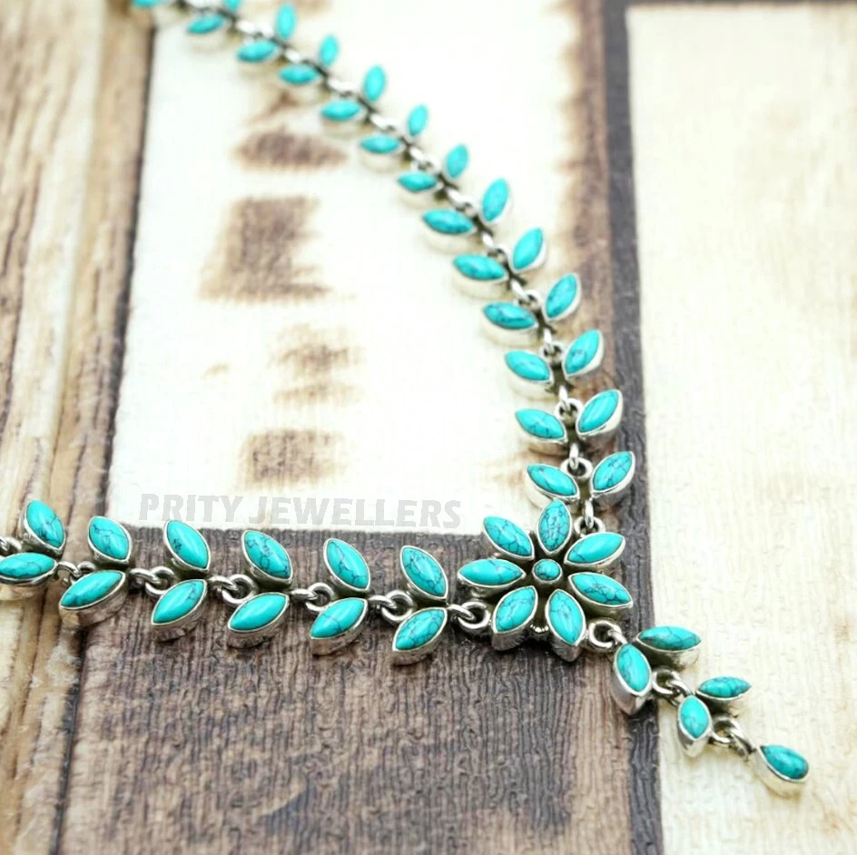 Natural Turquoise Necklace 925 Sterling Silver Handmade Gemstone Jewelry - Image 2 of 4