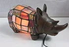 Vintage Tiffany Style Stained Glass Rhinoceros Table Lamp Rhino Night Light