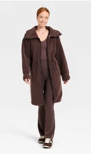 All in Motion Womens Long High Pile Sherpa Jacket Wide Collar Brown Med Yoga Gym