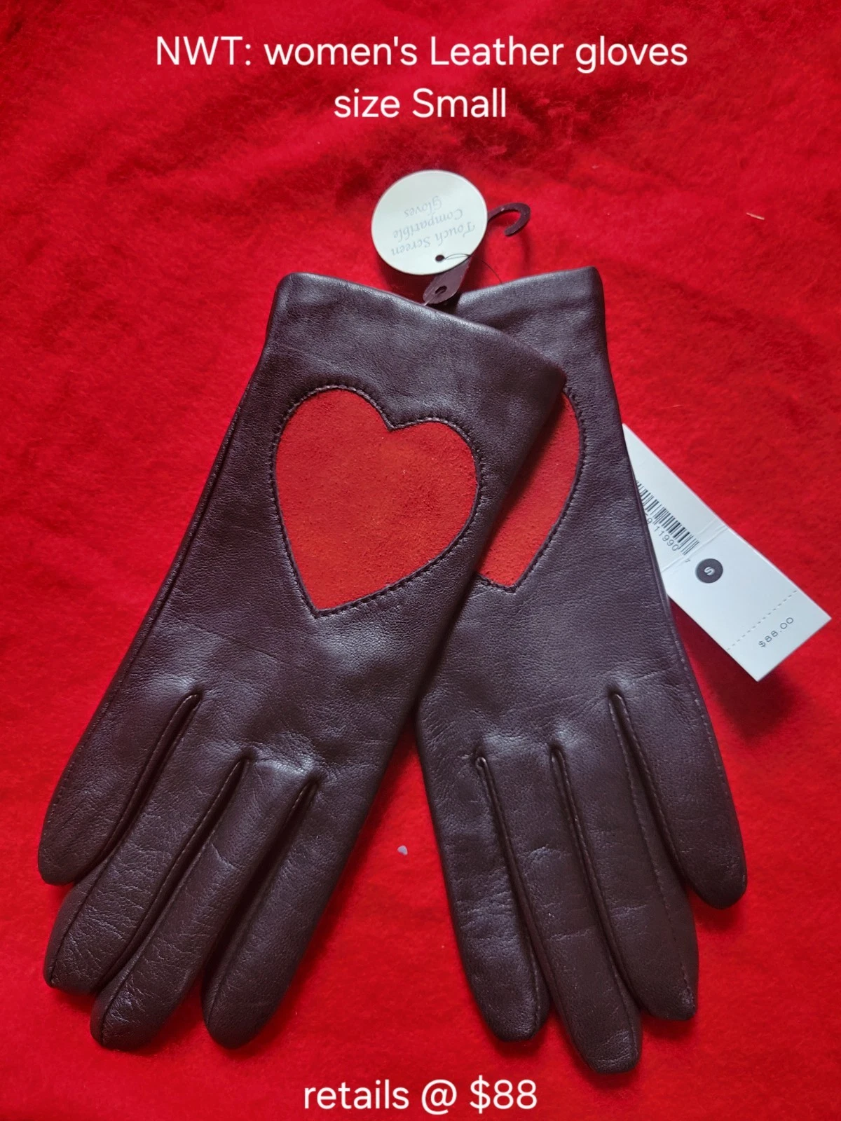 Aqua Leather Heart Gloves Size SMALL Black Red Touch Screen Tech NEW
