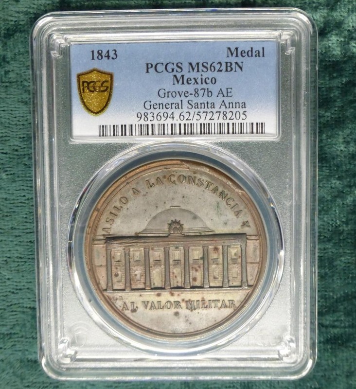 1843 PCGS MS62 Mexico Medal Grove-87b General Santa Anna Military Valor Finest 1