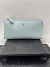 COACH Sky Blue Pebbled Leather Accordion Zip Around WALLET Gunmetal Hardware