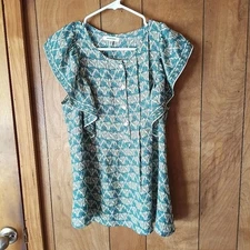 Max Studio Green Leafy Sleeveless Half Button Pullover Top Size M