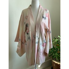 Vintage Pink Hand Painted Kimono Floral Japanese Rose Robe