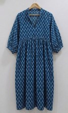 Indian Indigo Block Print Midi Dress Cotton Boho Summer Dress Women Loose Fit