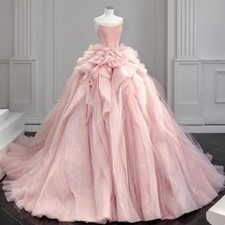 Blush Pink Strapless Ruffled Glitter Tulle Ball Gown Quinceanera Dress Sweet 16 