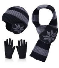 Kids Winter Hat Scarf Gloves Set 3Pcs, 3-12Y Fleece Lined Beanie With Black