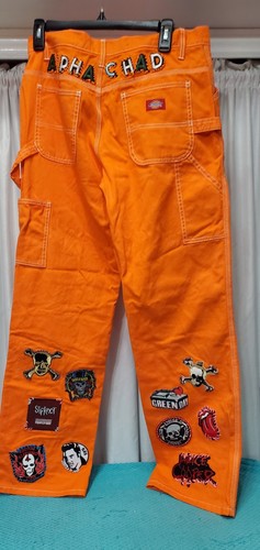 Pantalone da lavoro Dickie's arancione fluo donna 37 toppe musica rock taglia 9/29 unico - Foto 13 di 16