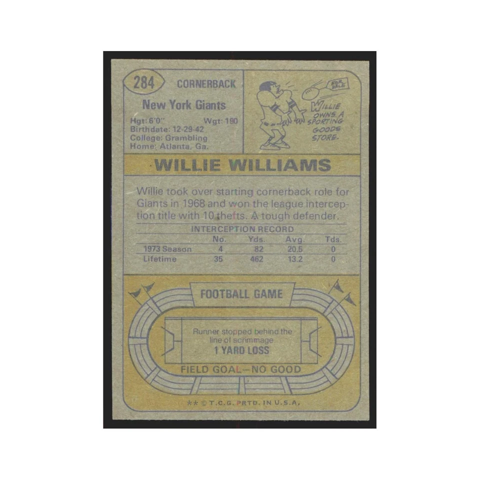1974 Topps Willie Williams Giants #284.0 - Image 2 of 3