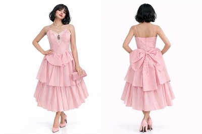 Vintage Pink Fit & Flare Dress 80s Does 50s Fairycore Tiered Wedding Formal SM
