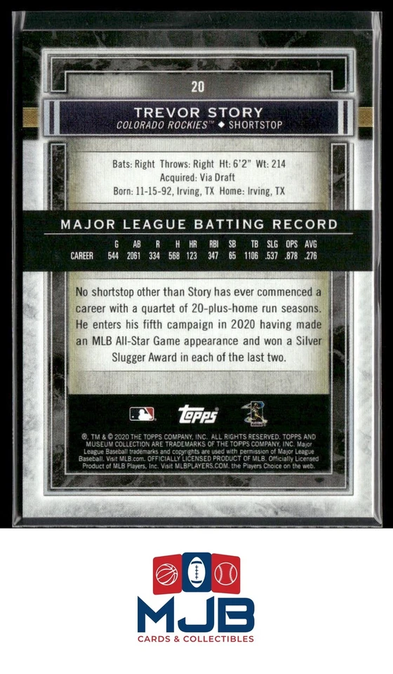 2020 Topps Museum Collection Trevor Story Amethyst #/99 #20 - Image 2 of 2