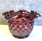 Vintage Fenton Carnival Glass Basket Weave Bowl With Open Lace Ruffled Edge Red