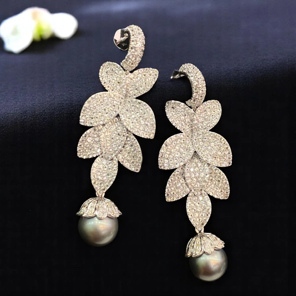 Pavé 56,10 Karat Weißer Saphir Perlen Blumen motiv Baumeln Ohrringe 18K Weißgold - Bild 4 von 4