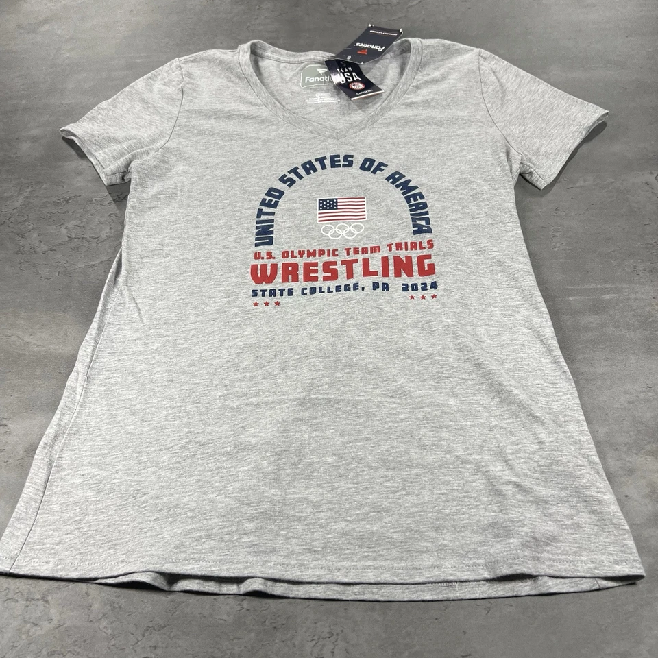Camisa de lucha libre de los Juegos Olímpicos de Estados Unidos para mujer pequeña gris equipo pruebas polar algodón camiseta Foto 2 de 4