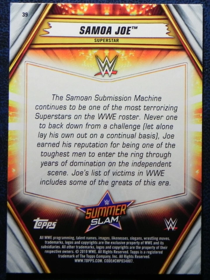 2019 Topps WWE Summerslam #39 Samoa Joe - Image 2 of 2