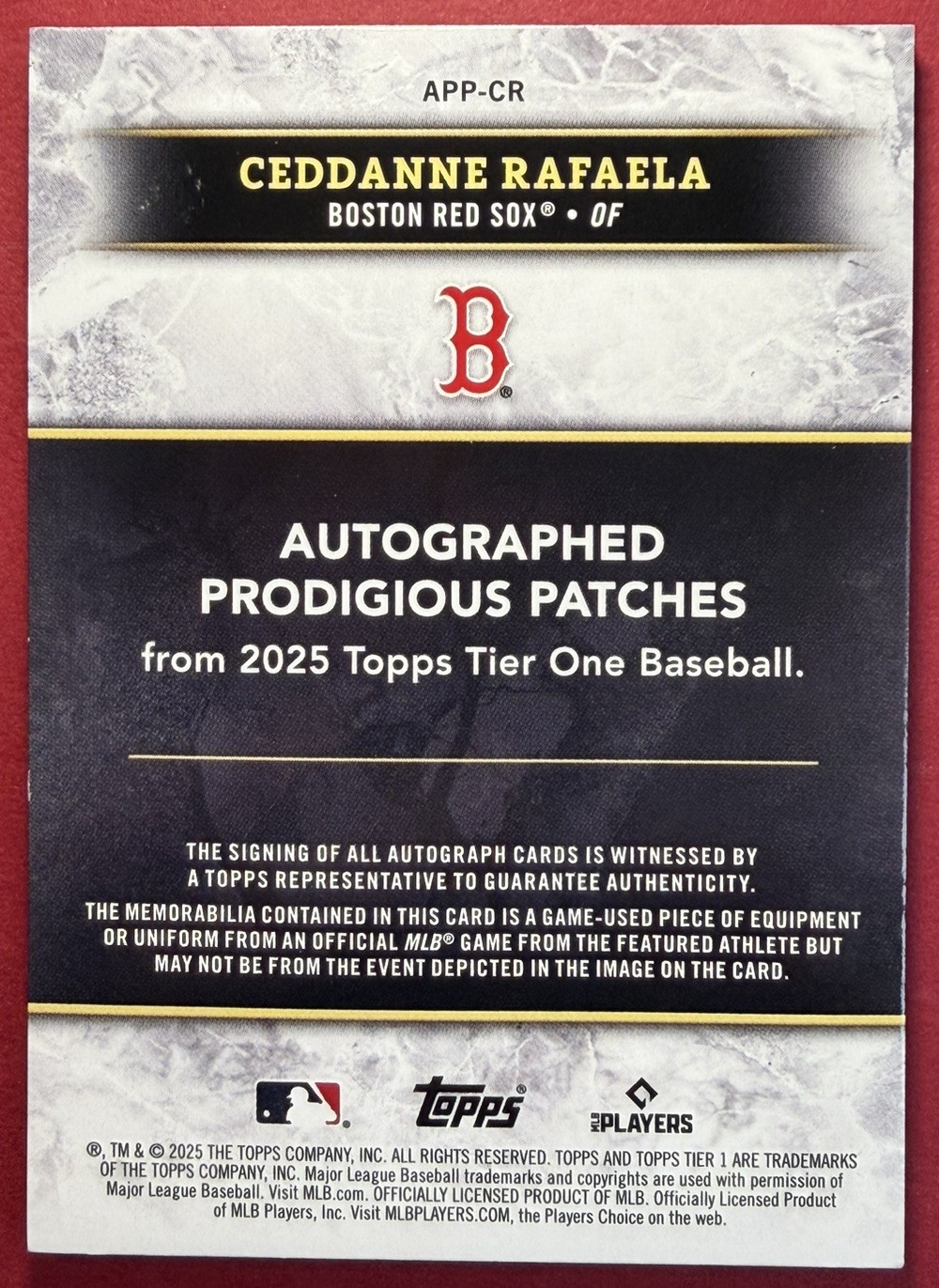 2025 Topps Tier One Ceddanne Rafaela Auto Game-Used Patch (8/10) Boston Red Sox view 2