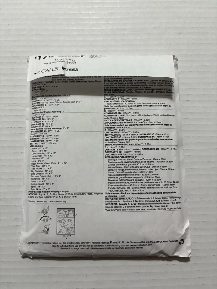 McCall’s Crafts Sewing Pattern M7553 Dinosaur Toys And Quilt - Image 2 of 3