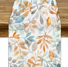 Fall Eucalyptus Leaf Table Runner, Autumn Orange Blue Leaves Harvest Thanksgi...