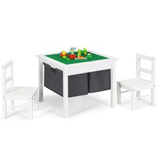 2-in-1 Kids Activity Table  2 Chairs Set w/Storage Building Block Table White