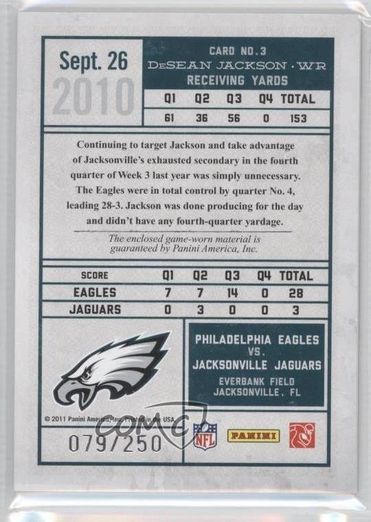 2011 Panini Timeless Treasures Gameday Souvenirs 4th Quarter /250 DeSean Jackson - Image 2 of 2
