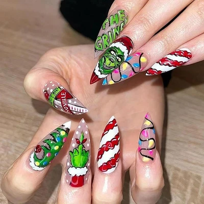 Colorful Fruit 24 PCS Faux Ongles De Noël Rouge Long Faux Ongles Chapeau De Noël - Photo 1/4