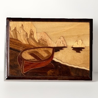 VTG Wood Trinket Box Italy Inlaid Hand Crafted Burl Ocean Canoe Mountains Beach