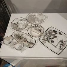 Vintage Silver Overlay Glass Serving Set – 7-Piece Floral Collection.