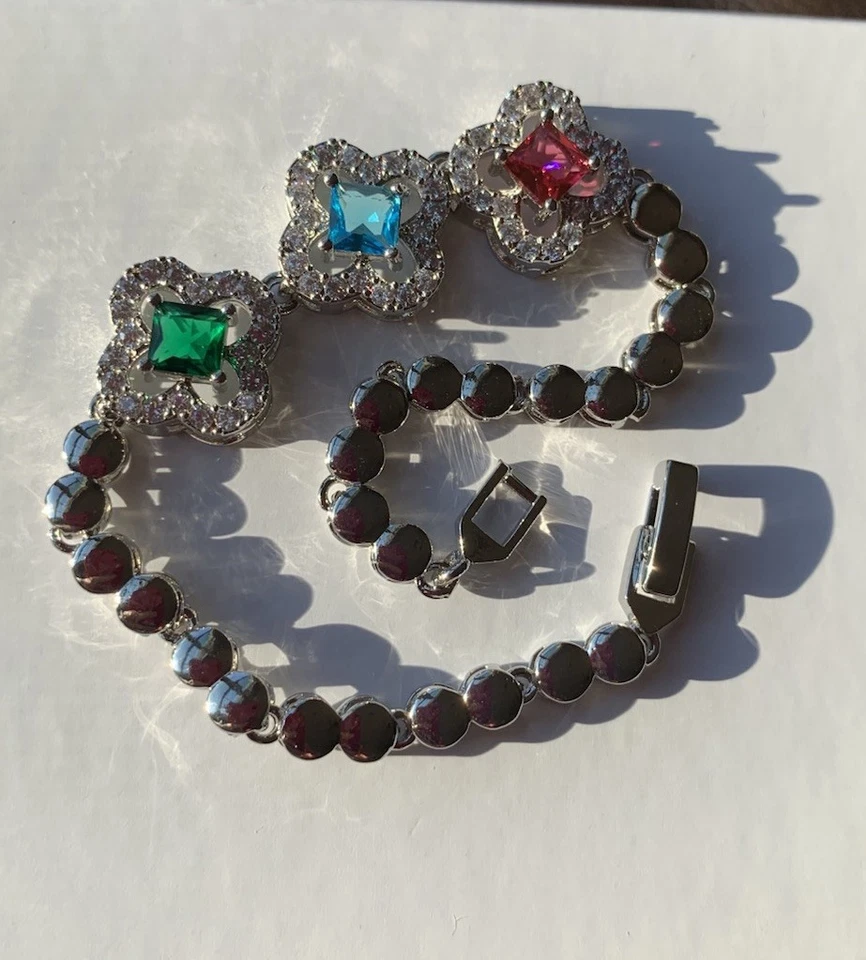 Nuevo Brazalete Tréboles de Cristal Multicolor Relleno de Oro Blanco 18k y AAA Czs-7 pulgadas Foto 4 de 4