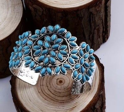 Turquoise Cuff Bracelet Western Boho Silvertone Jewelry Boho