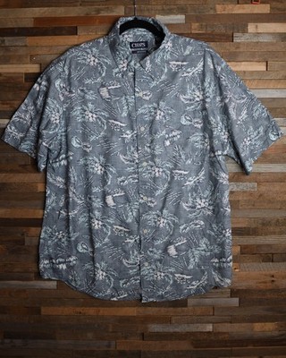 Chaps Go Untucked Shirt Mens Gray Blue Hawaiian Palm Tree Coconut mens XL