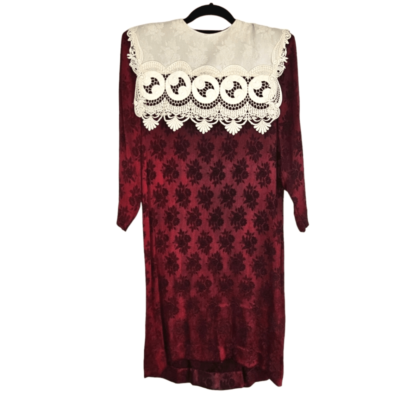 Vintage Jessica McClintock '80s Burgundy Damask Wide Lace Collar Shift Dress  8 | eBay
