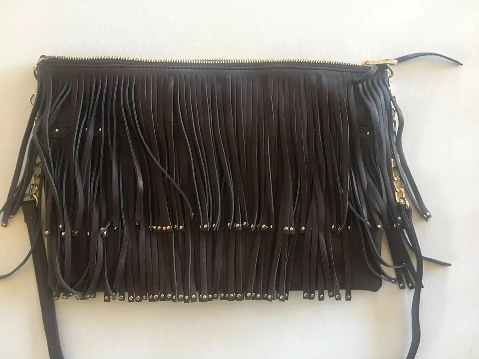 NUEVO Bolso de Hombro, Cartera, Bolso Deux Lux Cuero Marrón con Flecos Foto 2 de 3