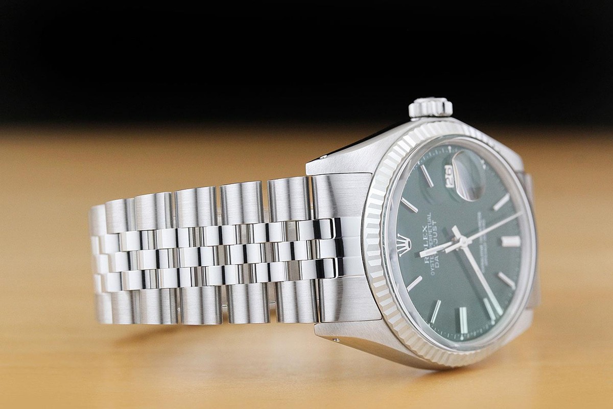 ROLEX MENS DATEJUST 1601 GREEN DIAL 18K WHITE GOLD STEEL WATCH w