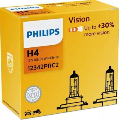 Philips Vision H4 bis zu 30% mehr Licht Premium Halogenlampe 12342PRC2 12342PRC