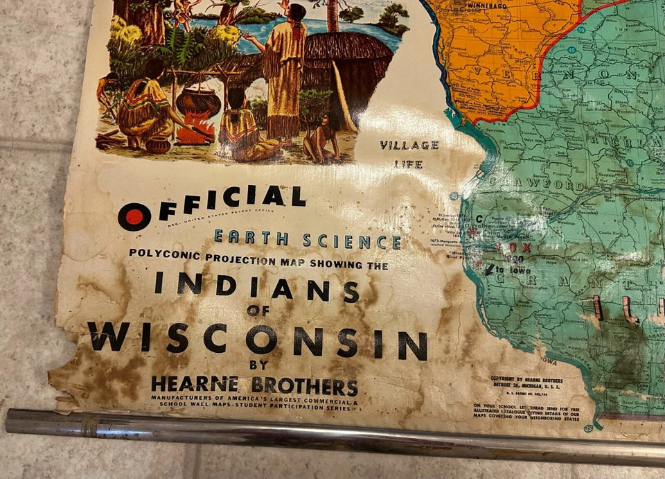 Винтажная выдвижная школьная карта Hearne Brothers индейцы Висконсина 1940 - 1950-е - Изображение 3 из 4